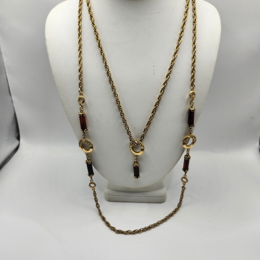 Vintage Sarah Coventry Gold Tone‎ Amber Lucite Bead Long Station Necklace 2 in 1